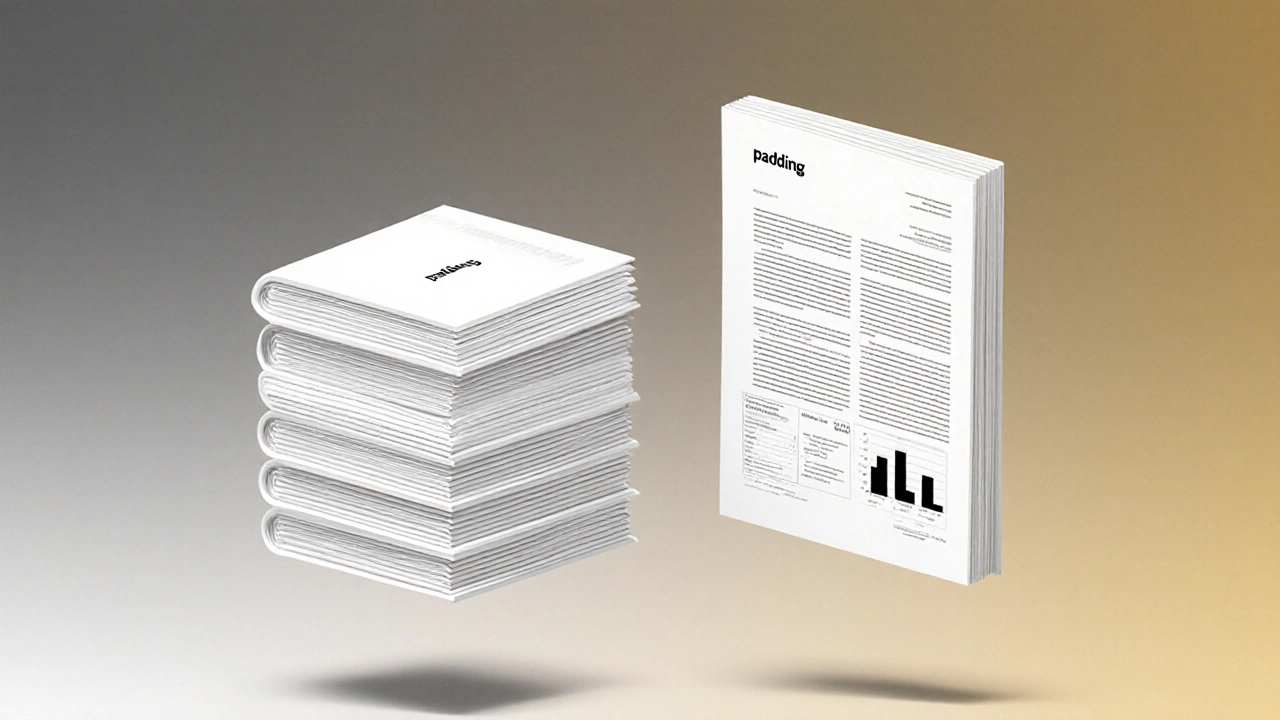 Two contrasting book stacks: one padded with white space, one dense with data and charts.