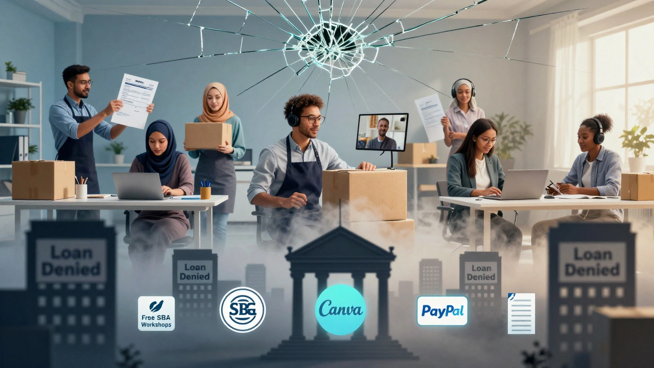 A cracked glass ceiling above home-based entrepreneurs thriving with digital tools, while banks fade into dust.