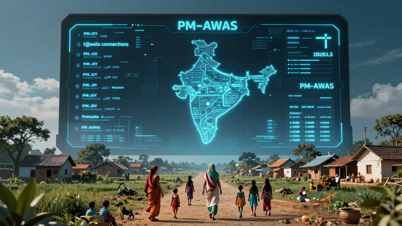 A digital dashboard overlays a rural Indian village, showing real-time government scheme impacts.