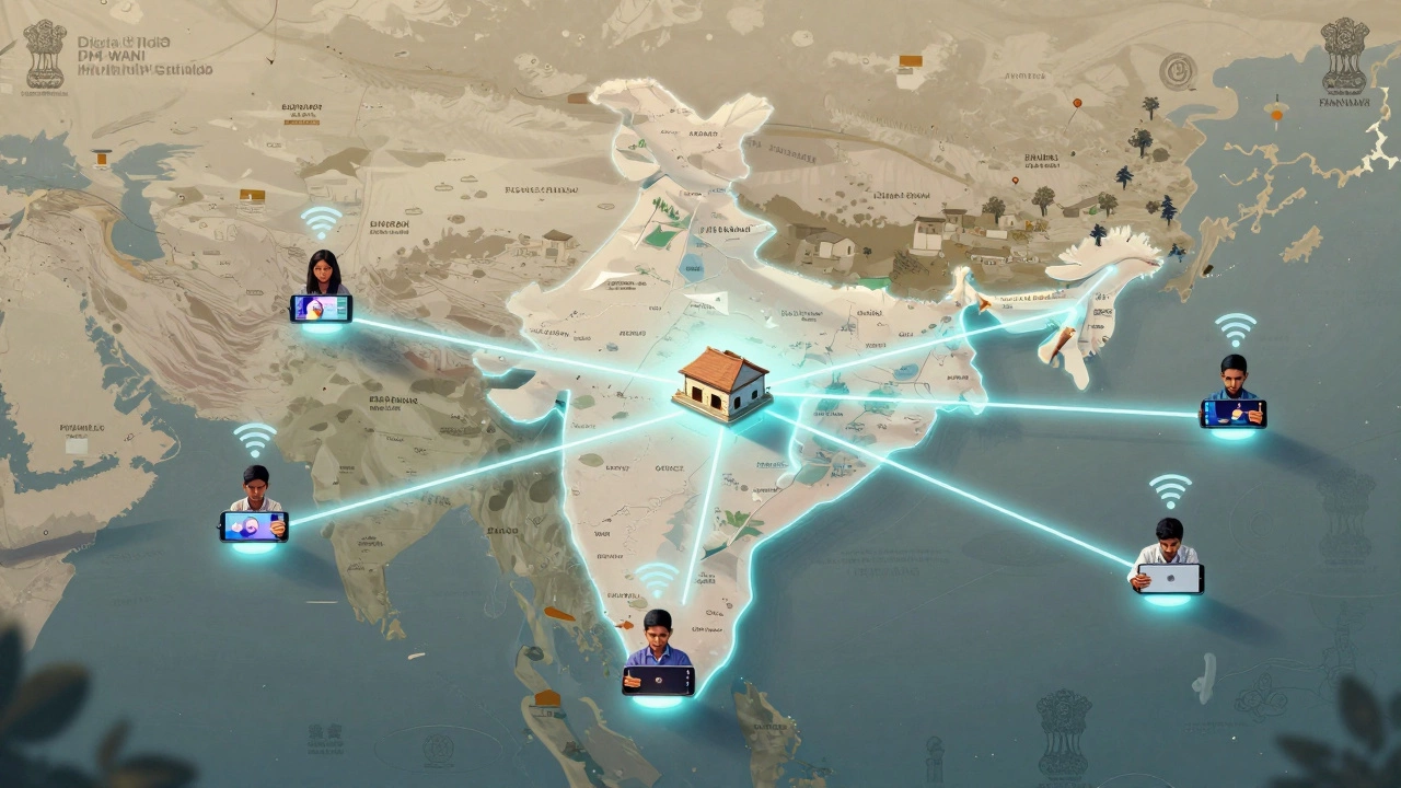 A map of India shows digital learning paths from a small town to rural students using smartphones.