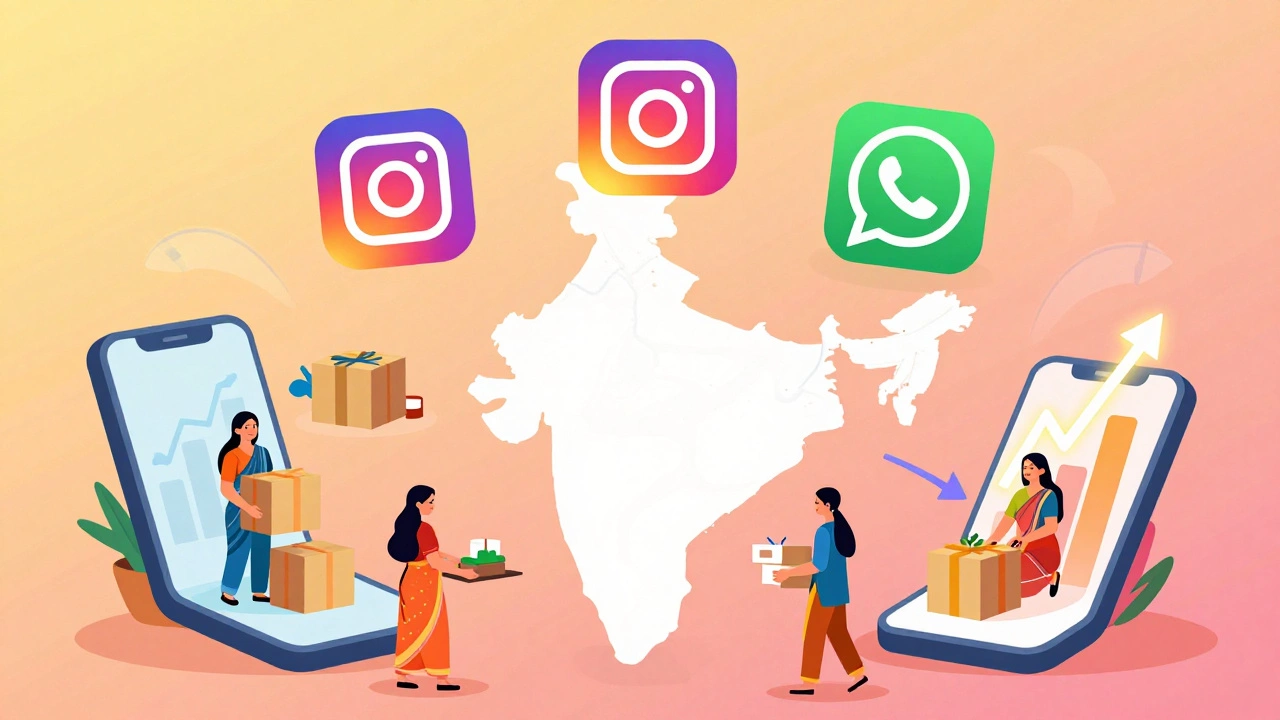 Digital marketplace map of India showing rural sellers connecting with urban buyers via apps.