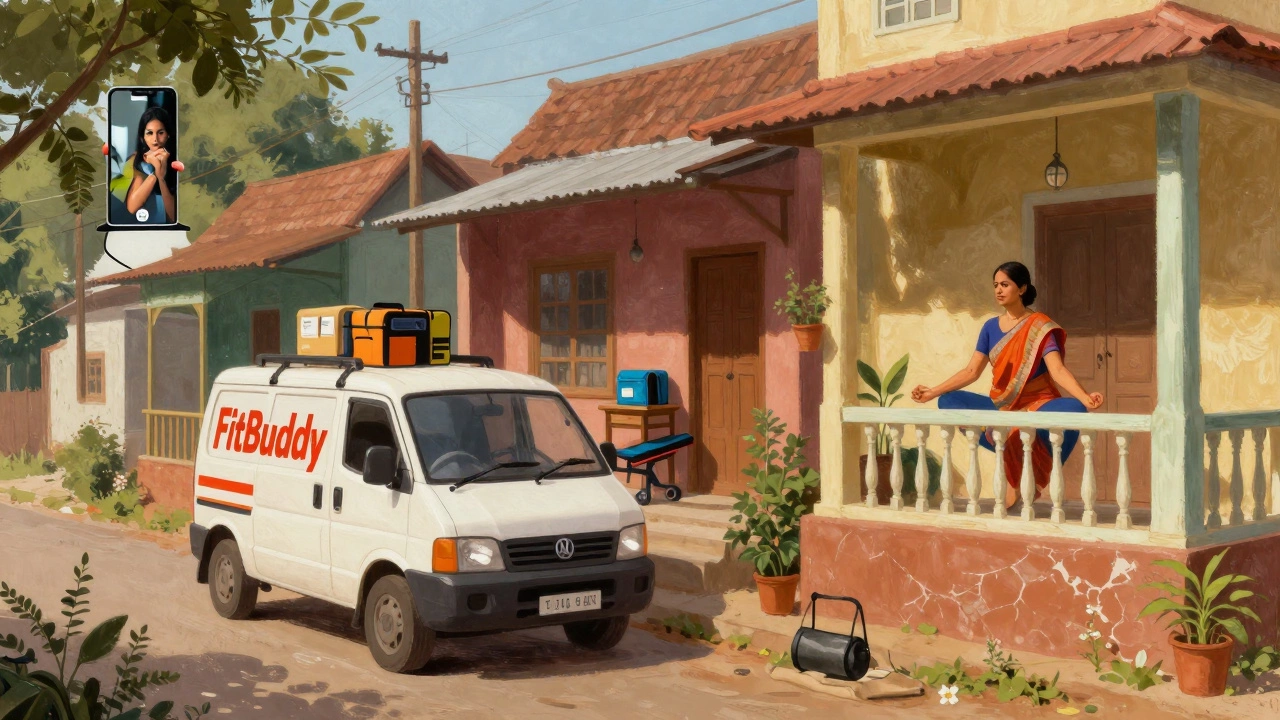 FitBuddy delivery van dropping fitness kits at homes while a woman does yoga via video call.