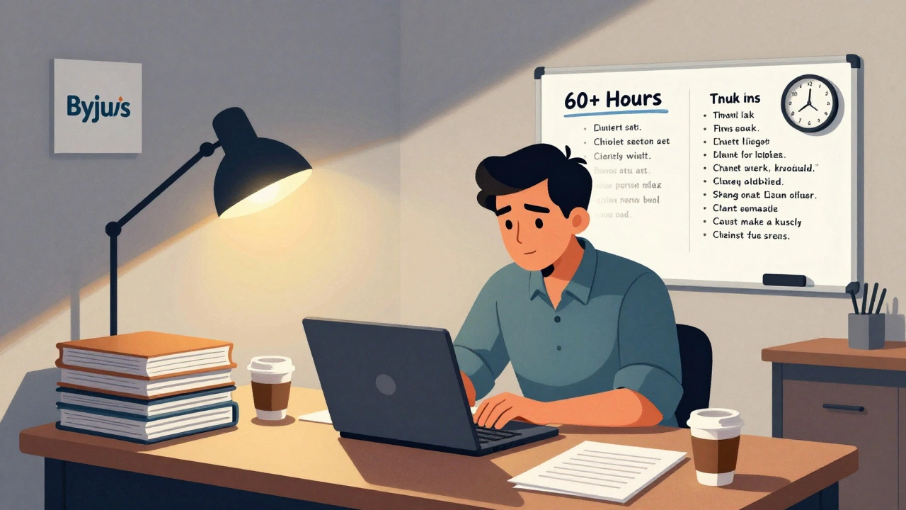 Franchisee working late at night in a home office with laptops and client notes.