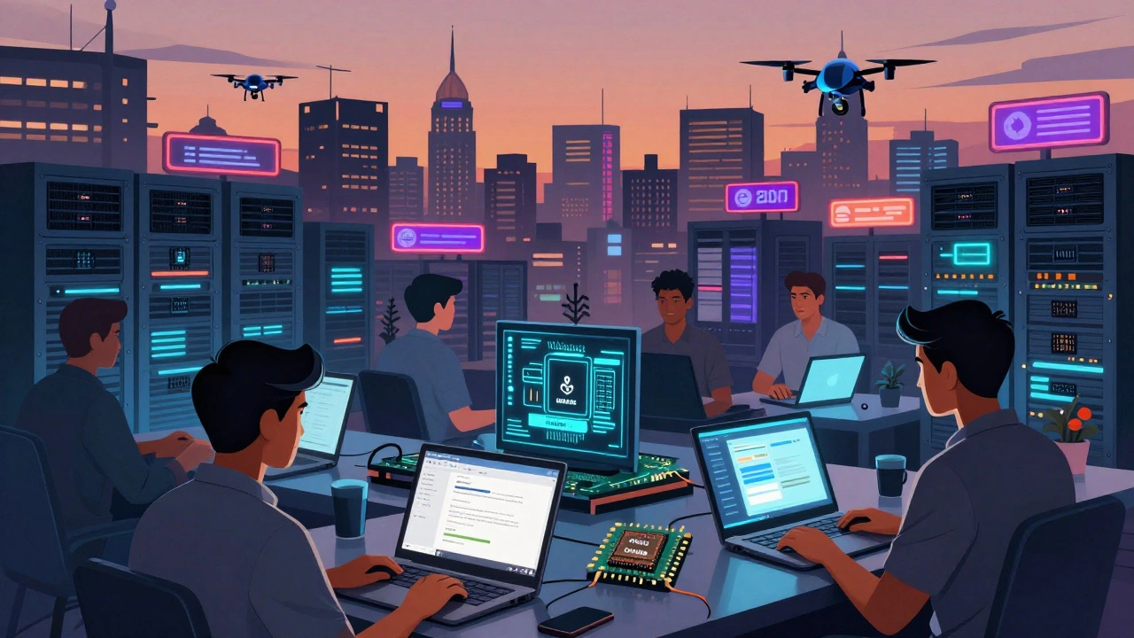 Indian tech developers in Bangalore using U.S. cloud platforms on their laptops.