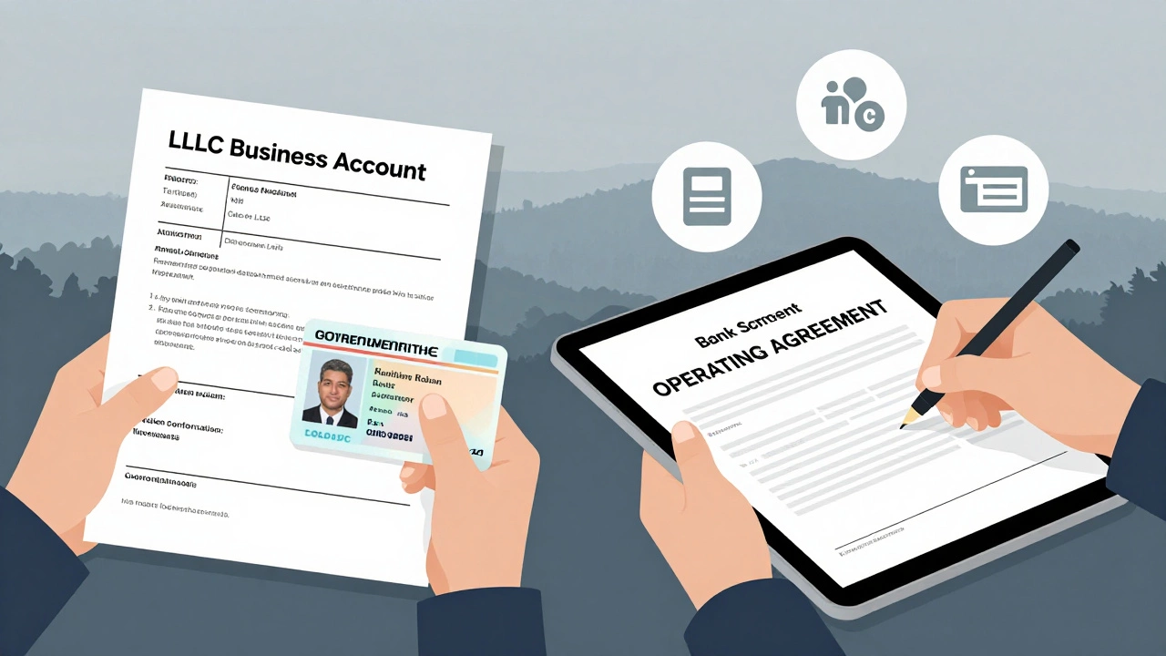 Person holding business bank statement and signing LLC operating agreement with compliance icons.