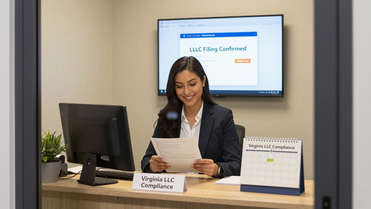Registered agent in office scanning legal documents with LLC compliance folder on desk.