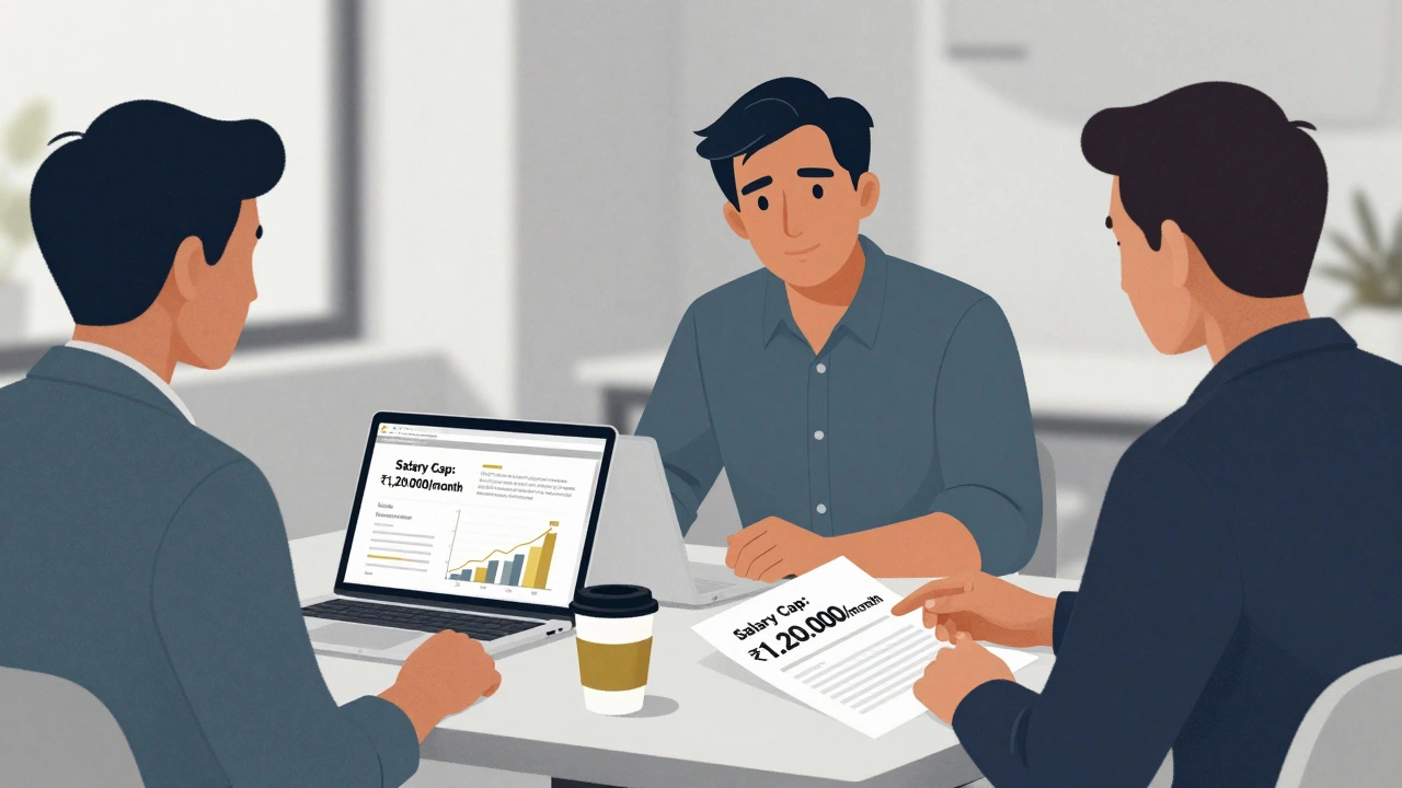 Startup CEO meeting investors in a minimal co-working space, discussing a salary cap on a term sheet.