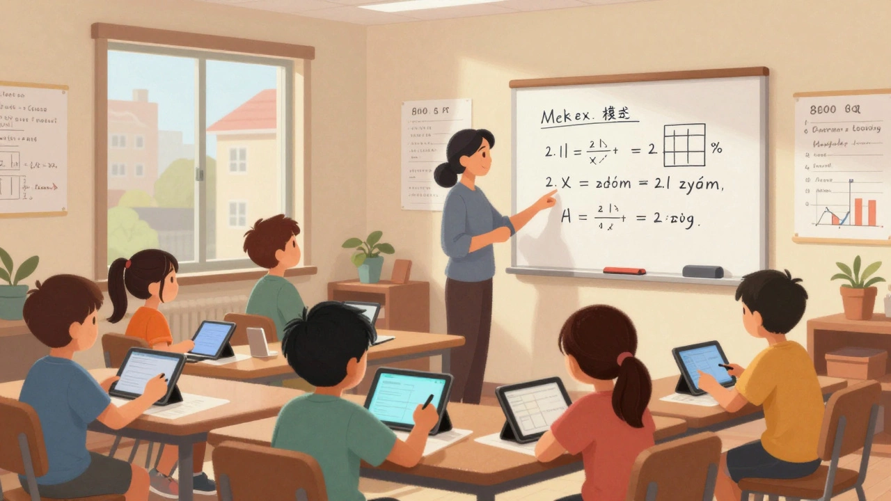 Students learning math and science in a compact after-school center with digital tools and tutors.