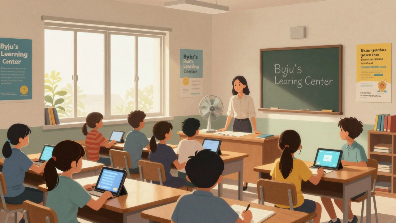 Students learning with tablets in a small Byju’s center inside a residential building.