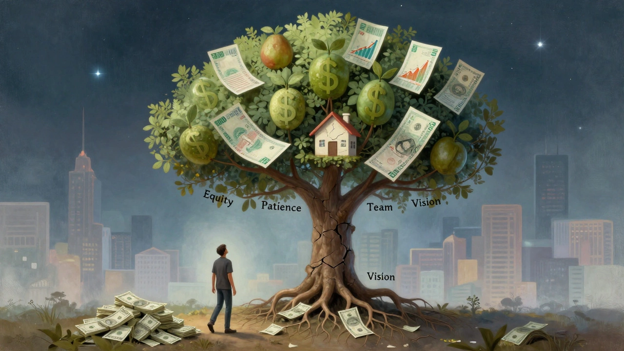 Symbolic tree growing from money, representing equity and long-term vision over immediate salary.