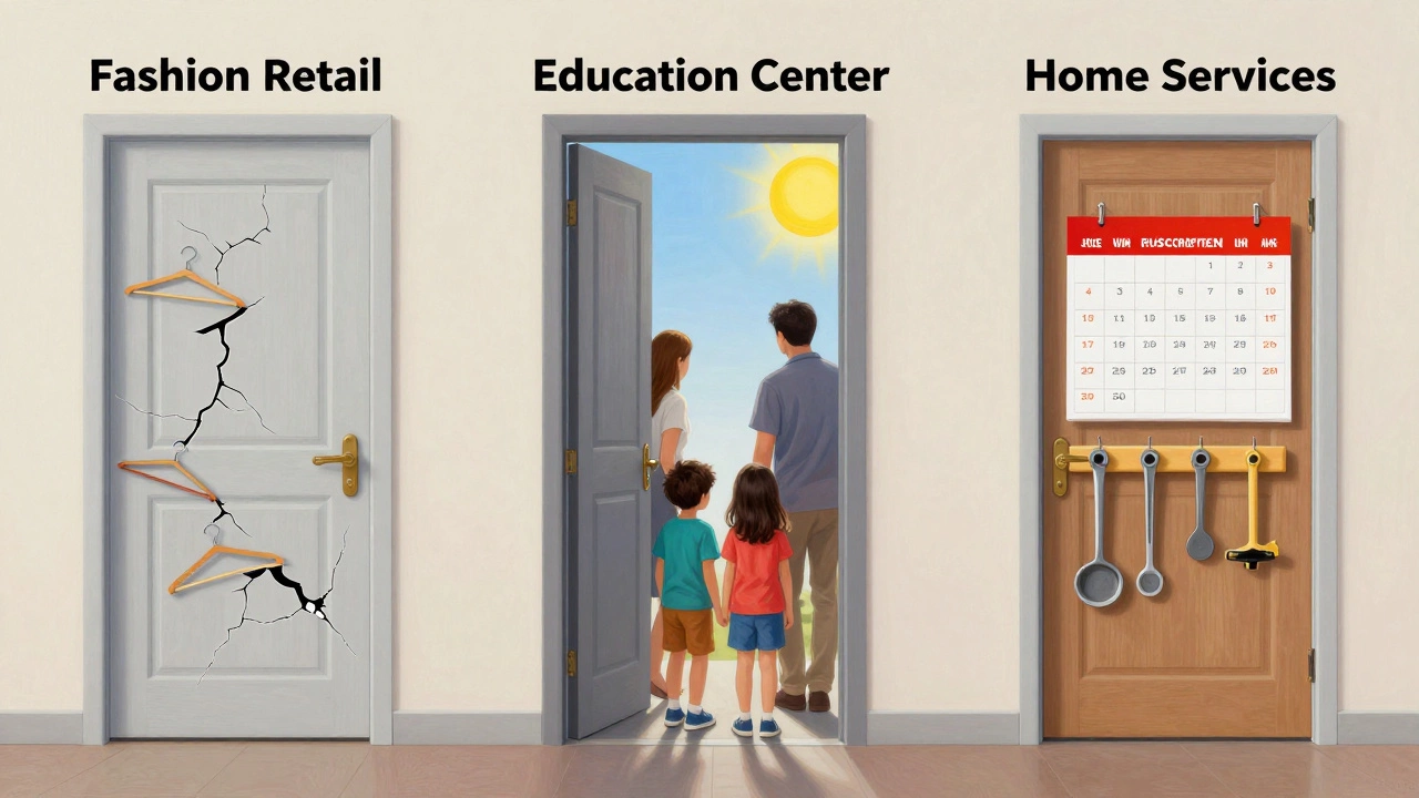 Three doors symbolizing franchise outcomes: fashion failing, education thriving, home services steady.