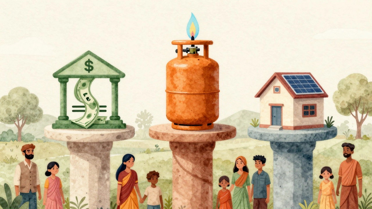 Three symbolic pillars representing PM-KISAN, Ujjwala, and PM-AWAS supporting diverse Indian families.