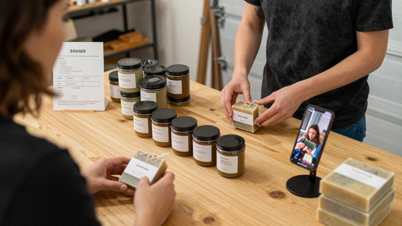 A couple packaging handmade soap in a garage workshop, ready to ship orders.