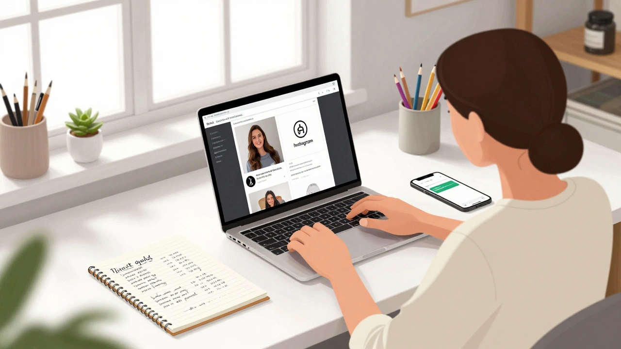 A freelance designer working at home with handwritten notes and Instagram designs on laptop.