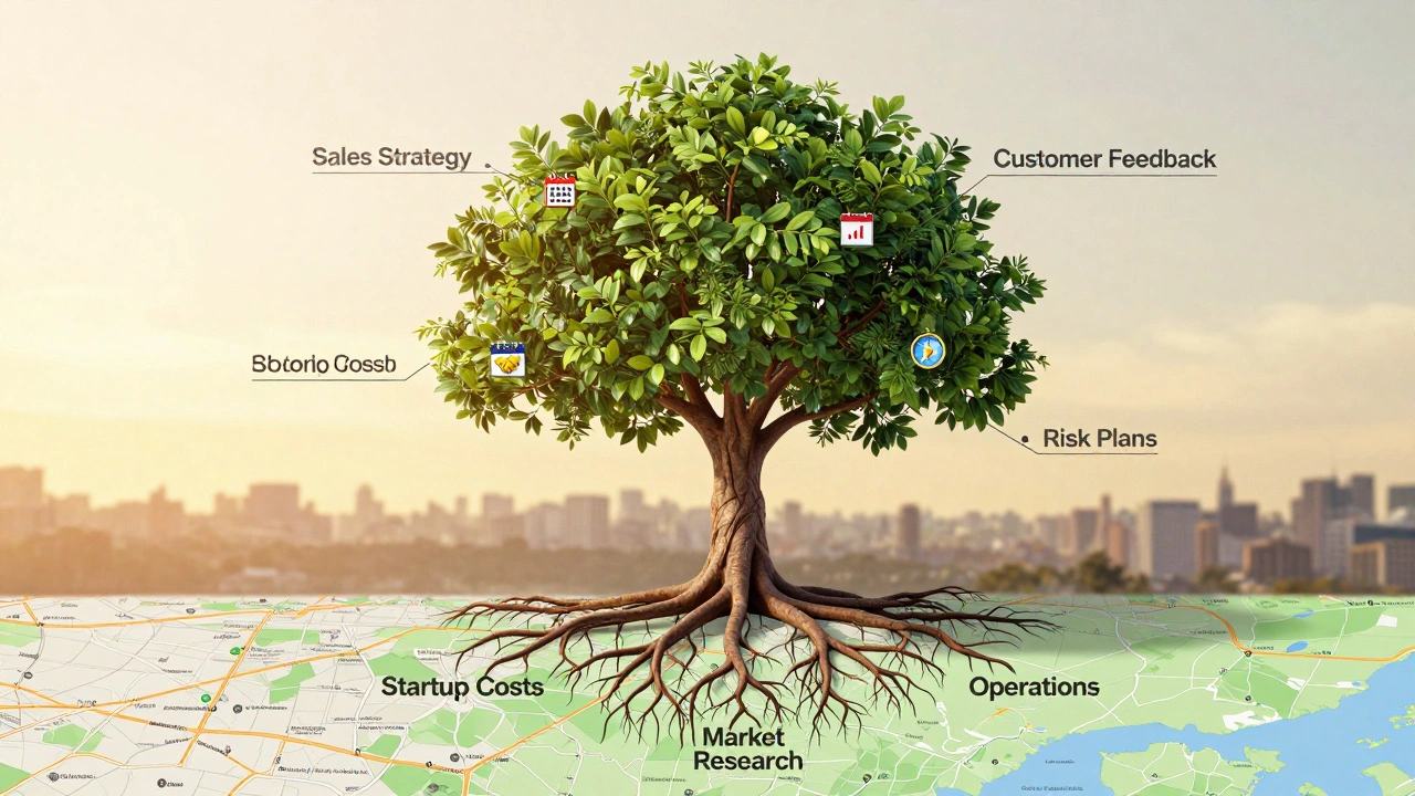 A living tree with business plan elements as roots and branches, growing from Sydney's northern suburbs.