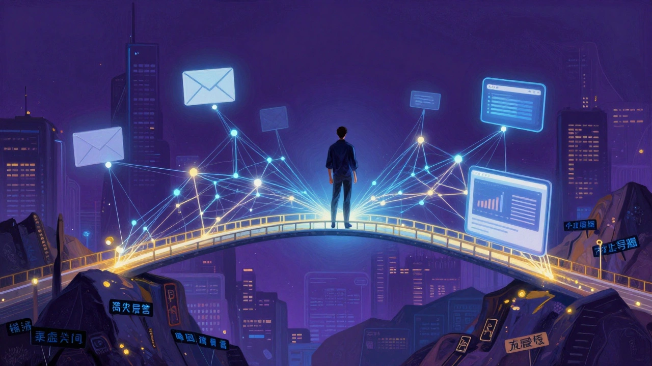 Abstract figure building a data bridge between customer touchpoints, standing on discarded vanity metrics.