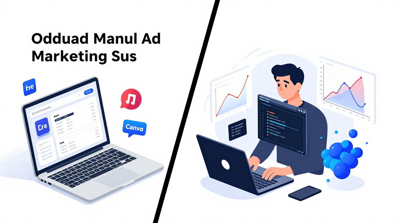 Contrasting old social media tools with modern AI-driven data analysis in a split visual.