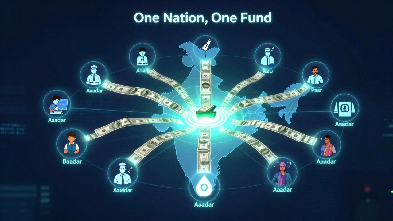 Digital dashboard overlay on India map showing fund flows to students, entrepreneurs, and technicians with Aadhaar links.