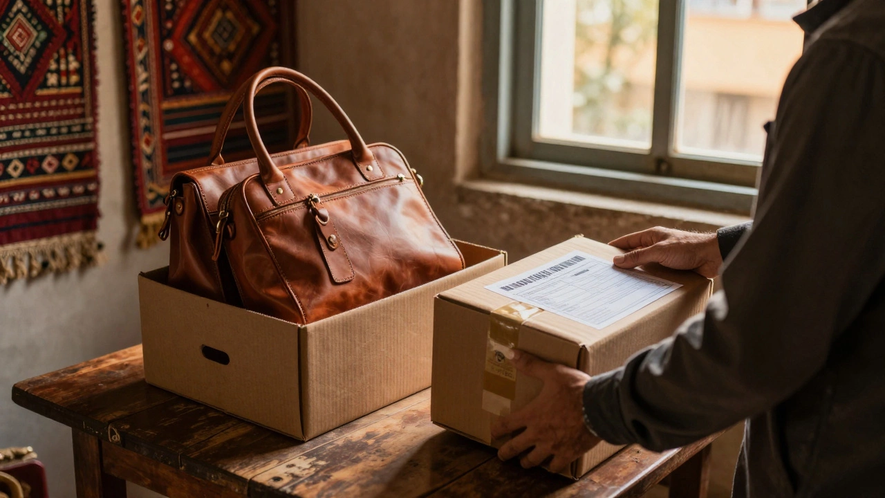 Home-based exporter in Jaipur packing handcrafted bags with IEC certificate visible.