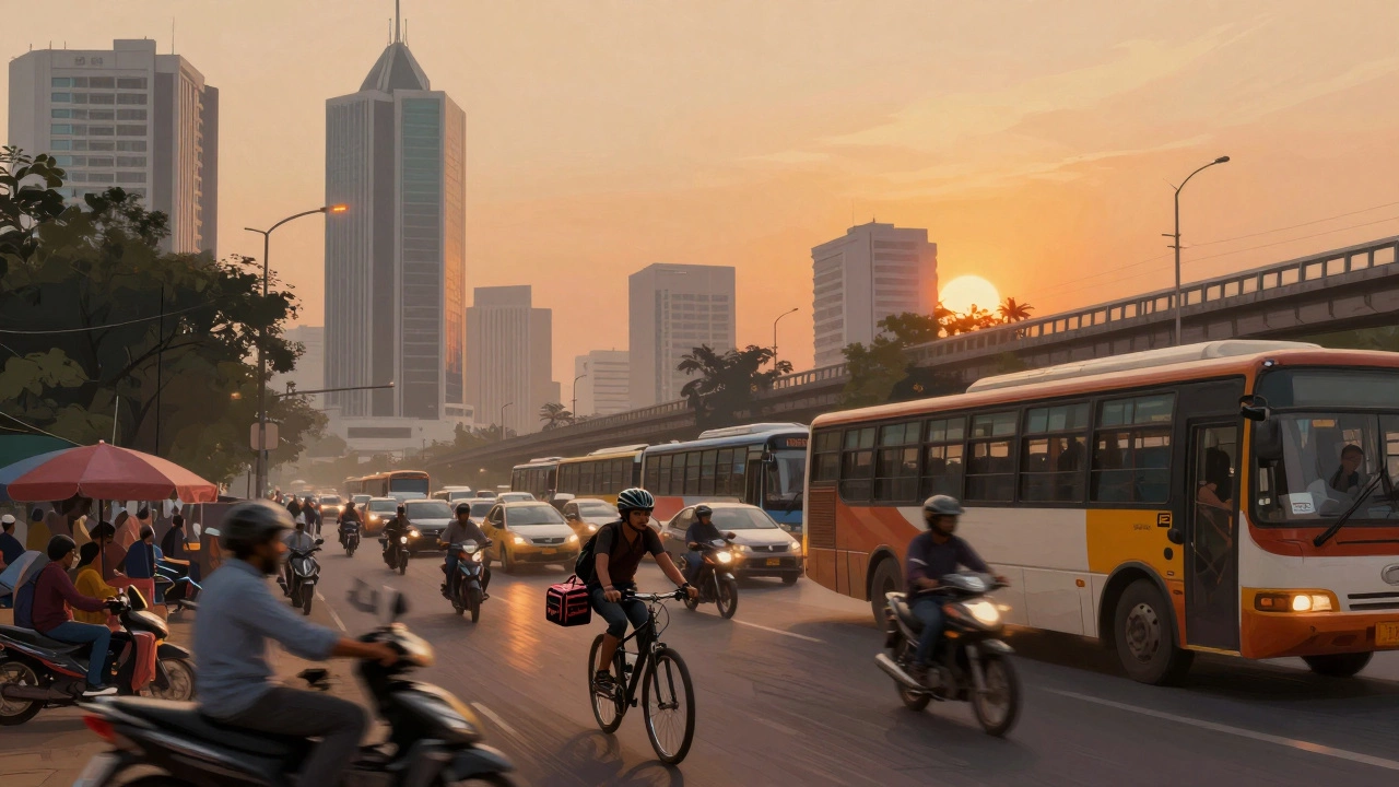 Person biking through crowded Bangalore traffic at sunset, passing tech parks and buses.