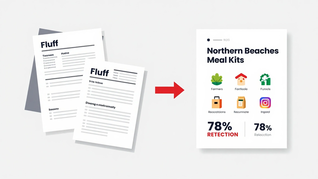 Split illustration comparing generic business templates to a focused, data-driven meal kit business plan.
