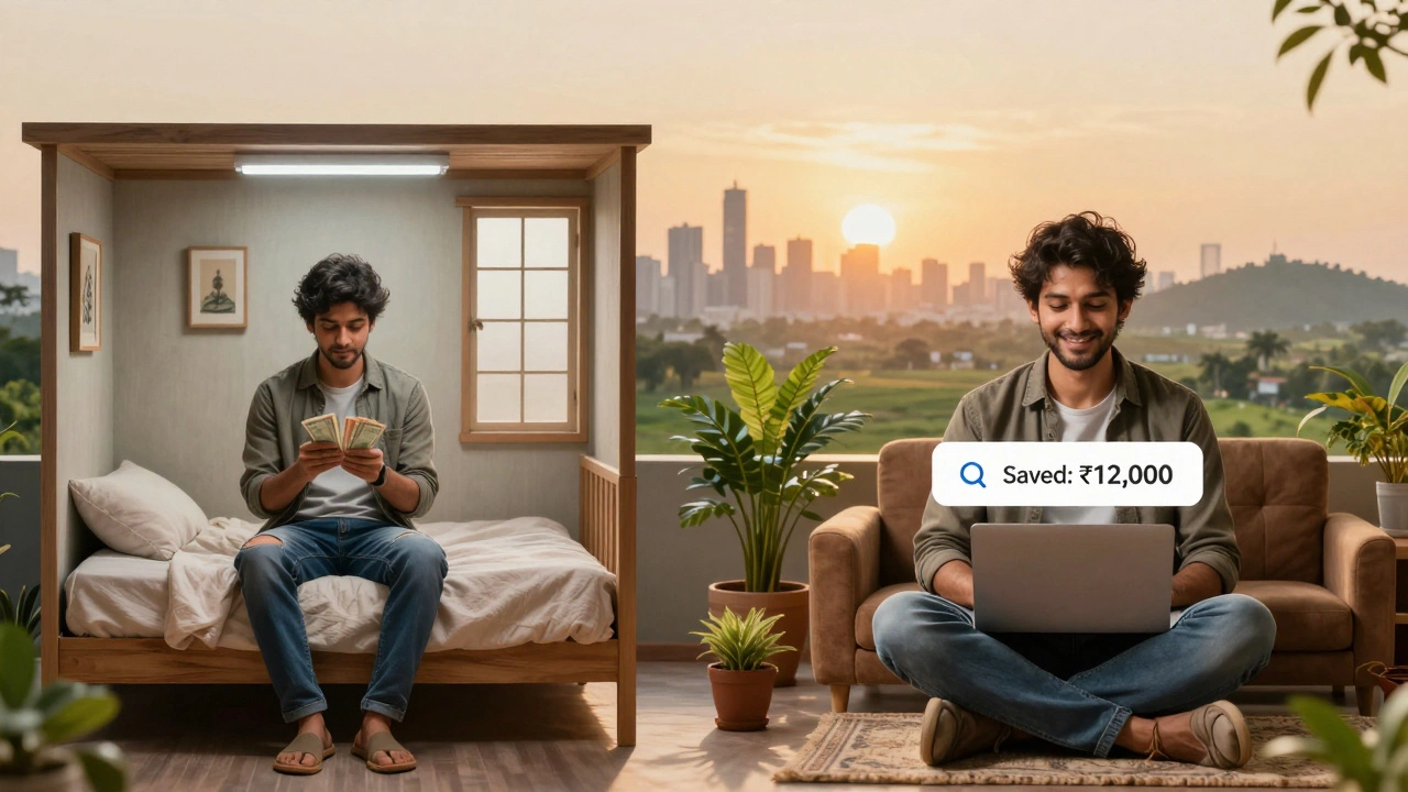 Split image: person struggling in Bangalore vs. thriving in Mysore with savings and calm surroundings.