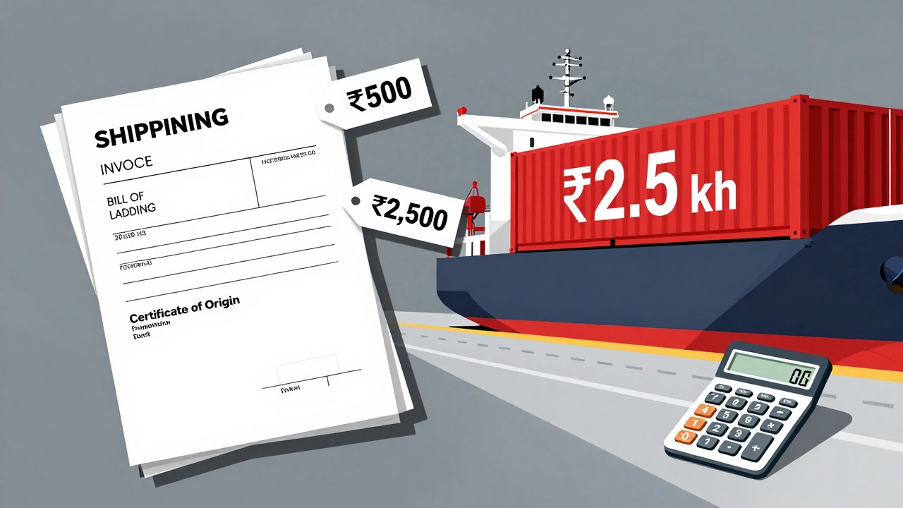 Split image showing export documentation costs and shipping expenses with price tags.