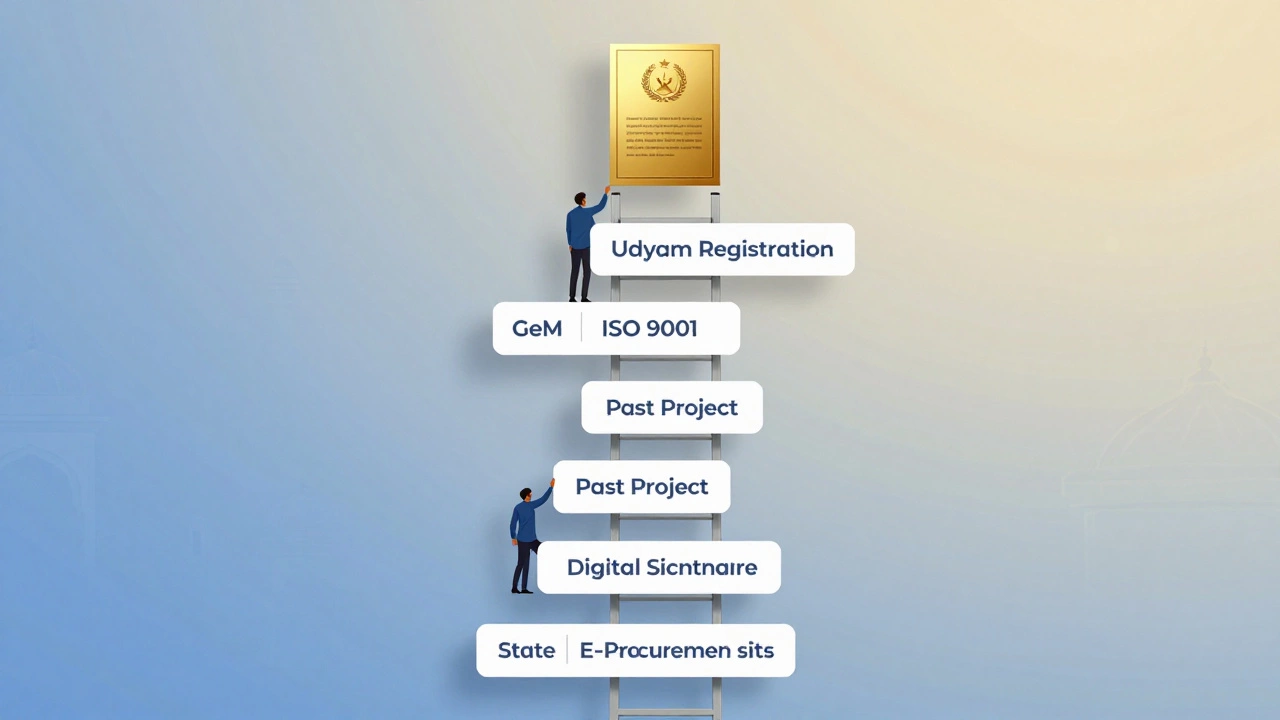 Startup climbing a ladder of government procurement portals toward a contract.
