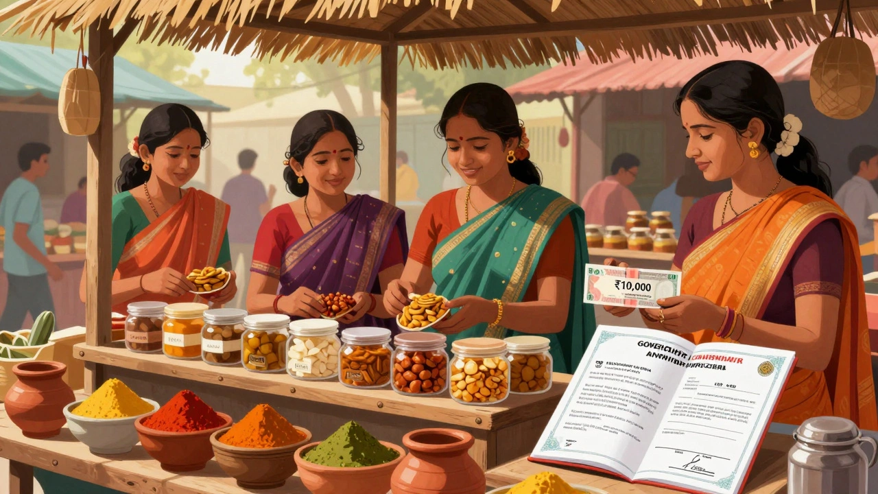 Three women in Tamil Nadu displaying homemade food products with a government grant envelope on a market stall.