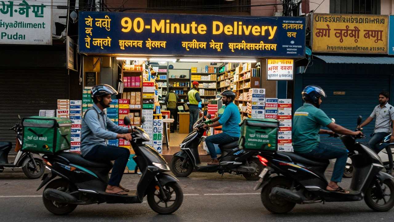 Delivery riders collecting packages from micro-fulfillment centers in a Indian city at dawn.