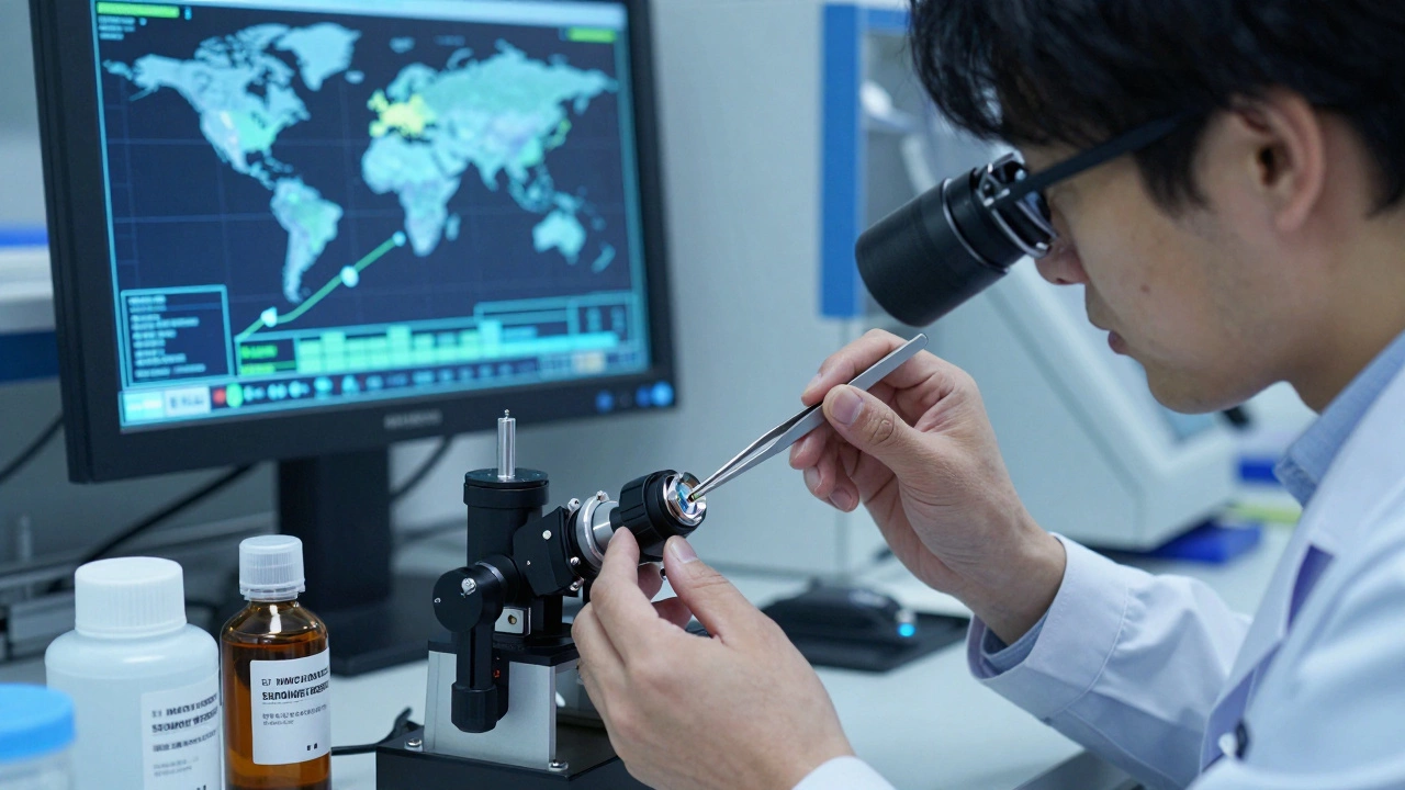 Engineer in cleanroom adjusting a medical lens with chemicals and holographic data in background