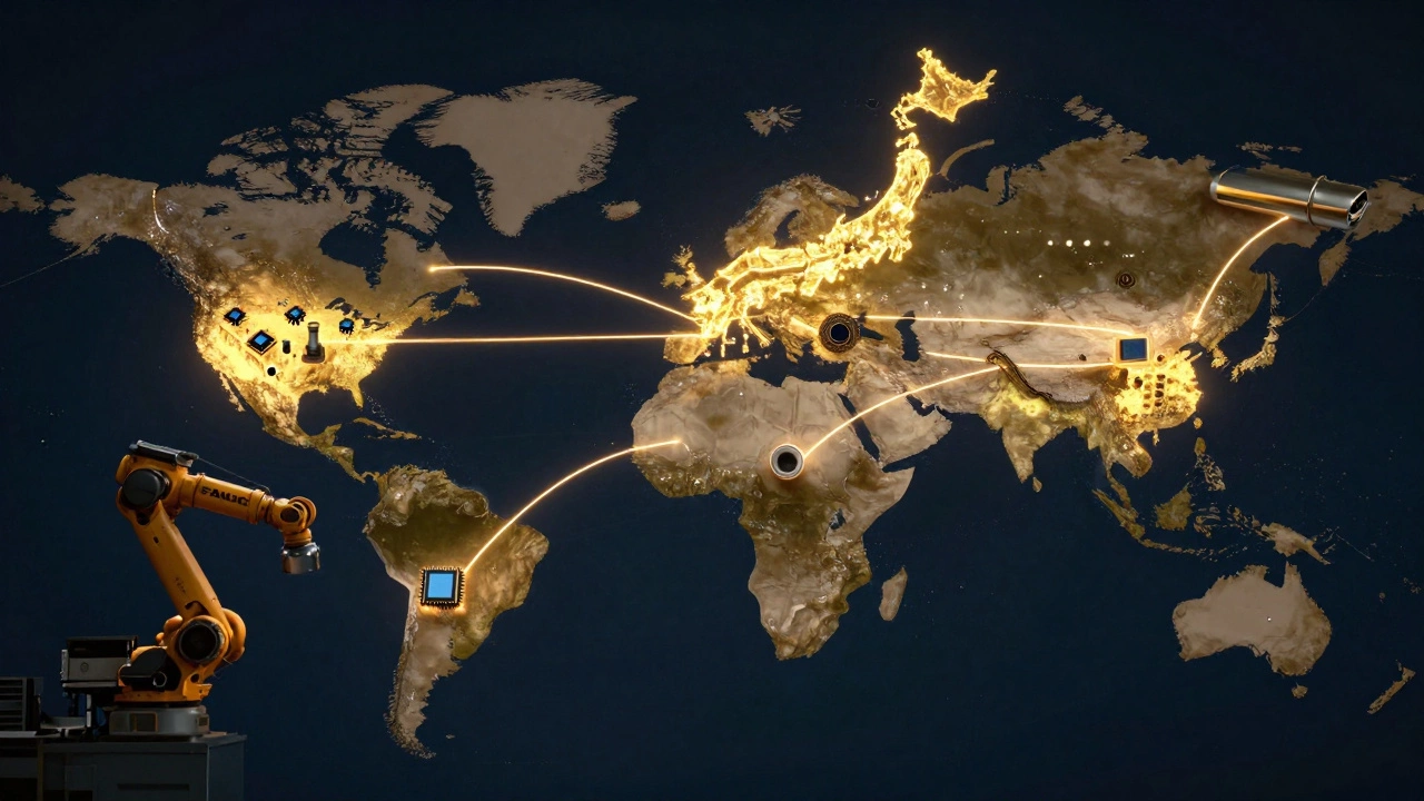 Global map showing Japan's export routes with key industrial products flowing to major countries