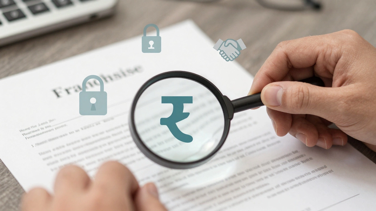 Hand signing franchise contract with icons representing legal, financial, and location factors