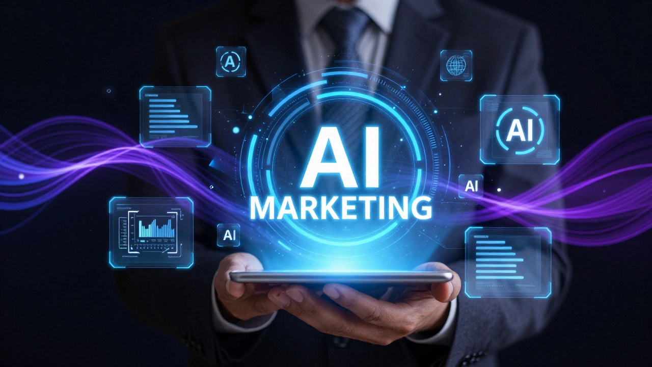 Professional surrounded by holographic AI data streams in digital marketing campaign.