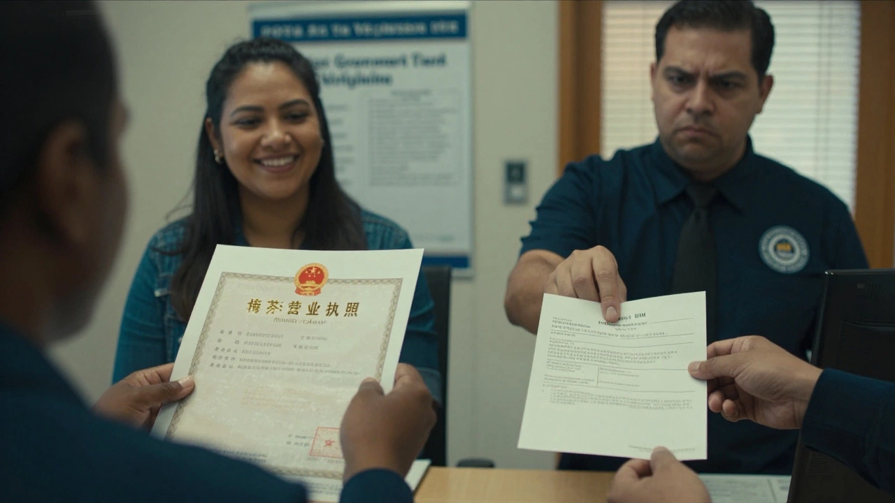 Split scene of receiving a business license versus being fined for non-compliance.