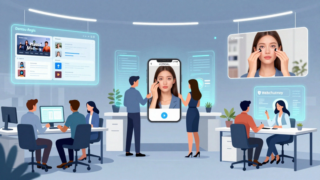 Three agency offices in India showing Dentsu, Ogilvy, and Webchutney teams working on client campaigns.