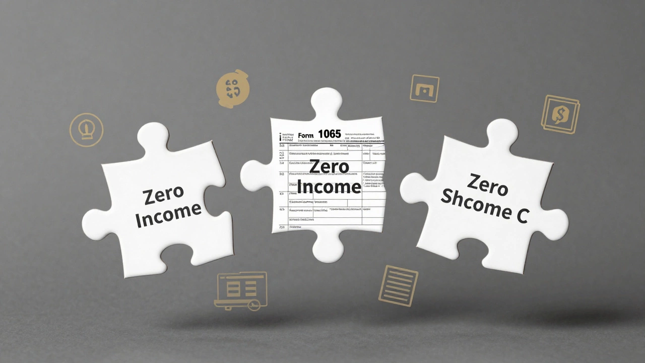 Three tax forms floating in air, each marked 'Zero Income', with icons of business expenses nearby.