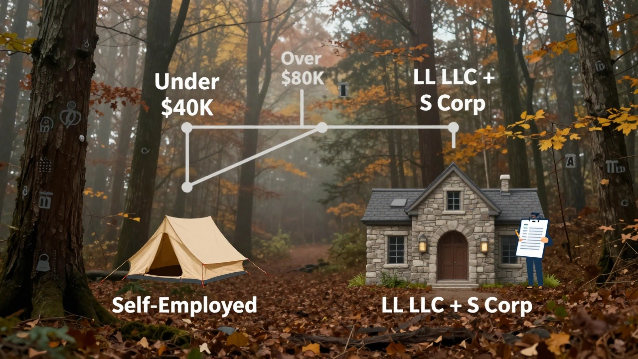 A forest decision tree showing 'Self-Employed' tent and 'LLC + S Corp' building as paths for different income levels.