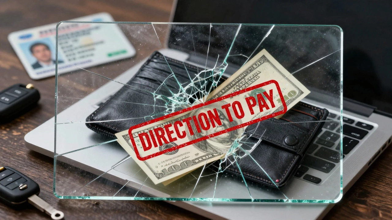 A frozen bank account symbolized by shattered glass trapping money, with license and car keys discarded.