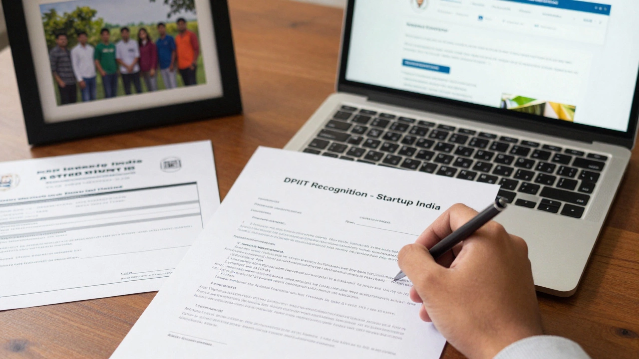 A hand signing Startup India DPIIT recognition documents with tax and patent papers on the desk.