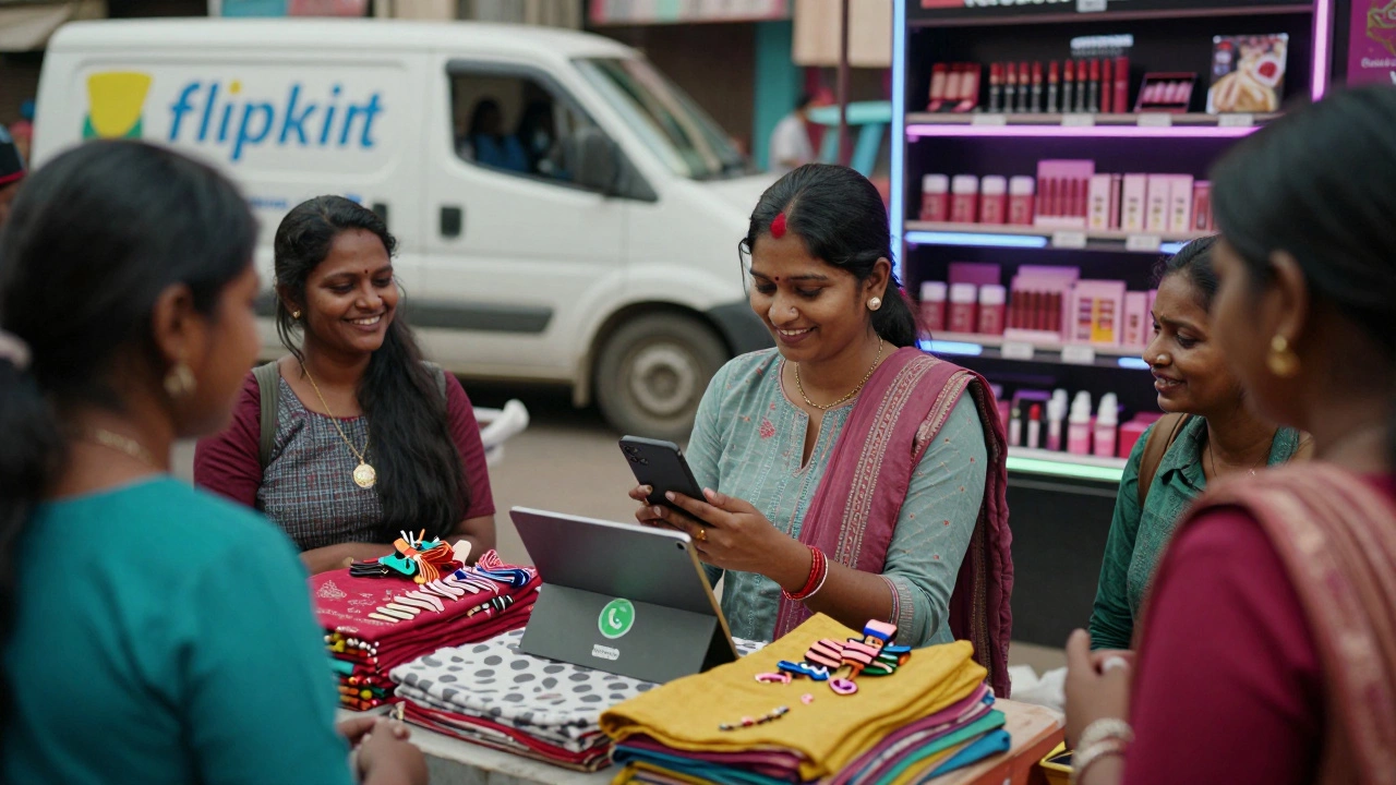 A rural Indian woman selling products via WhatsApp, with Meesho branding visible, while Flipkart and Nykaa represent broader e-commerce channels in the background.