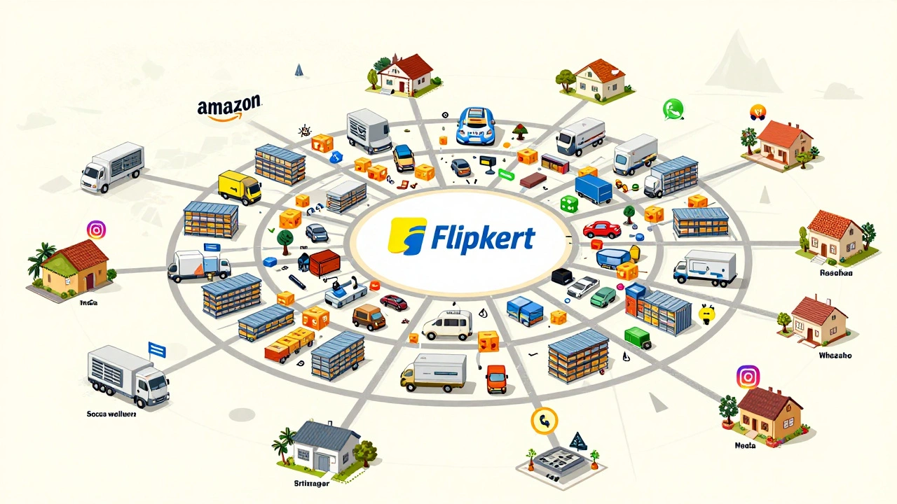 An artistic map of India showing Flipkart's nationwide logistics network compared to Amazon's fragmented delivery system and Meesho's social seller connections.