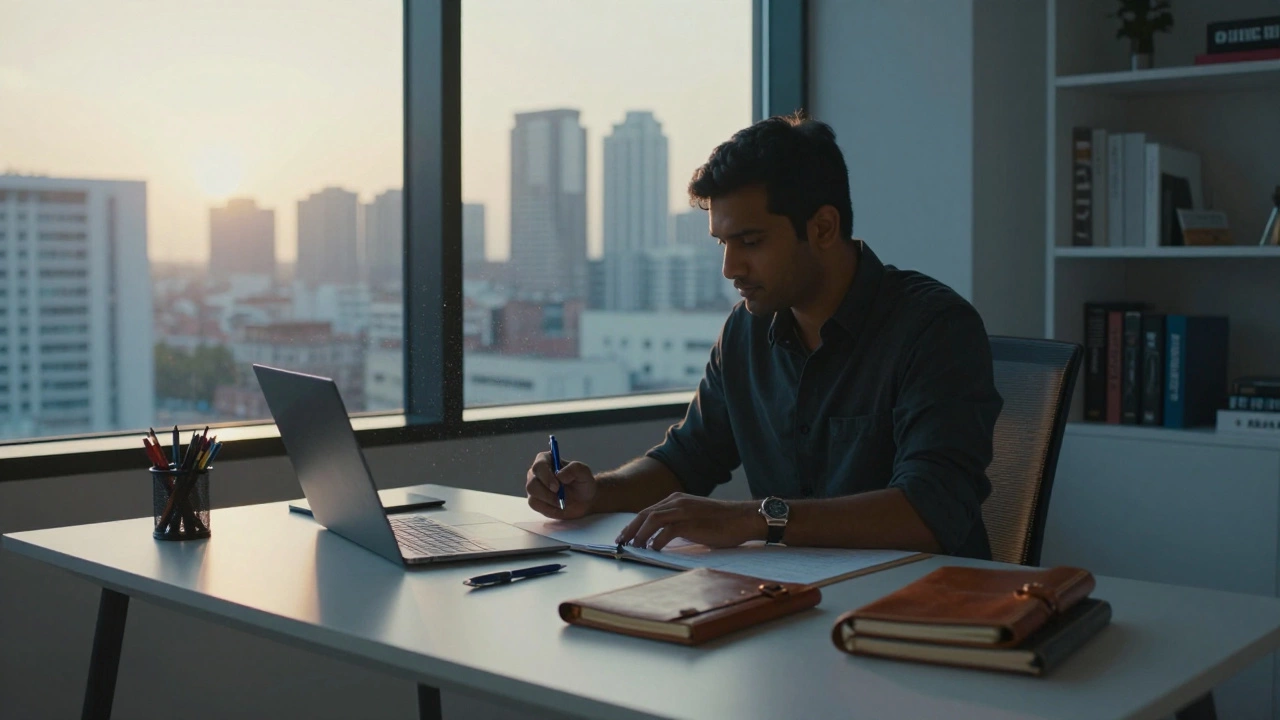 Focused person planning business strategy at a desk near a window.