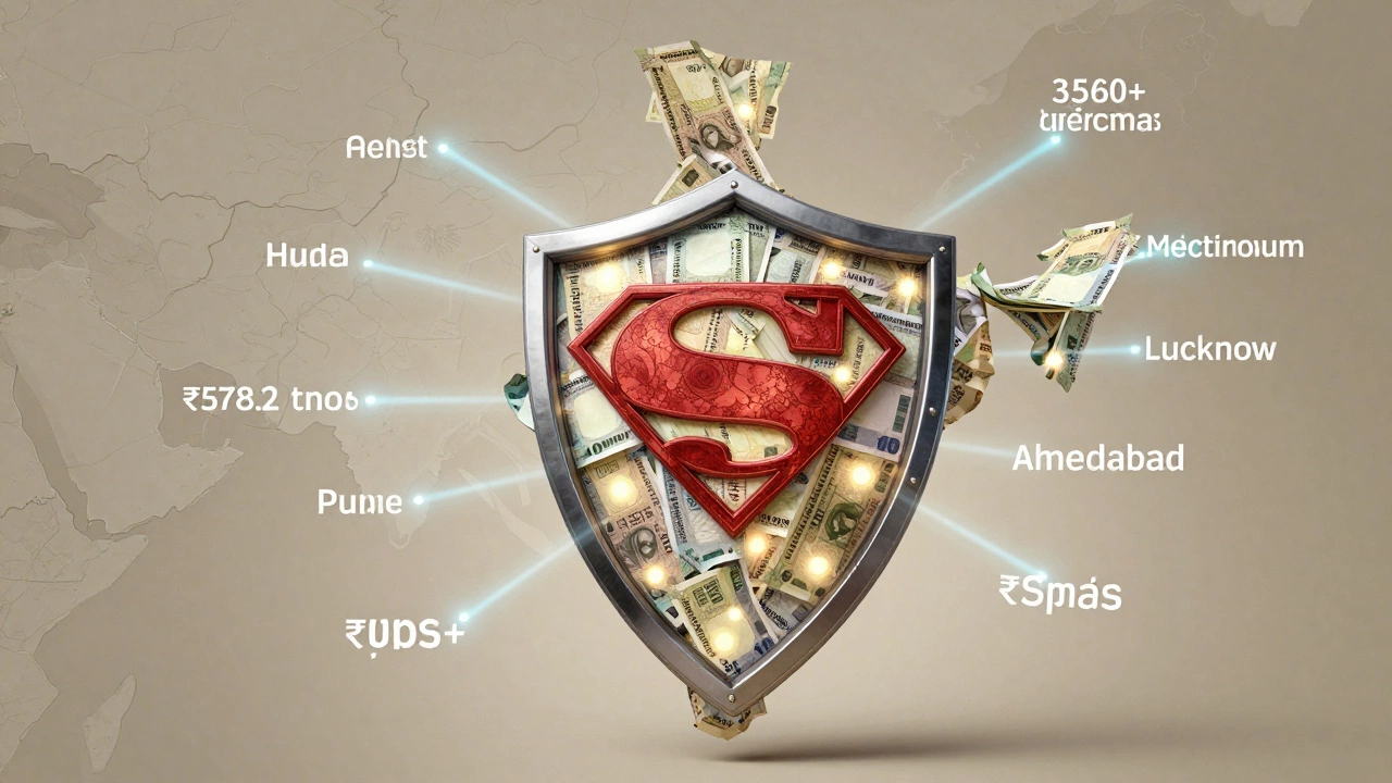 Giant superhero shield made of Indian rupees hovering over India, with theater locations glowing across cities, symbolizing Endgame's box office reach.