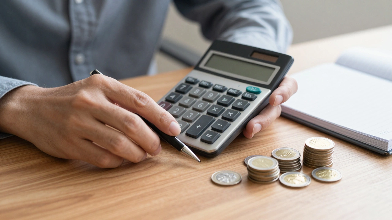 Hands with calculator and coins on a wooden table.