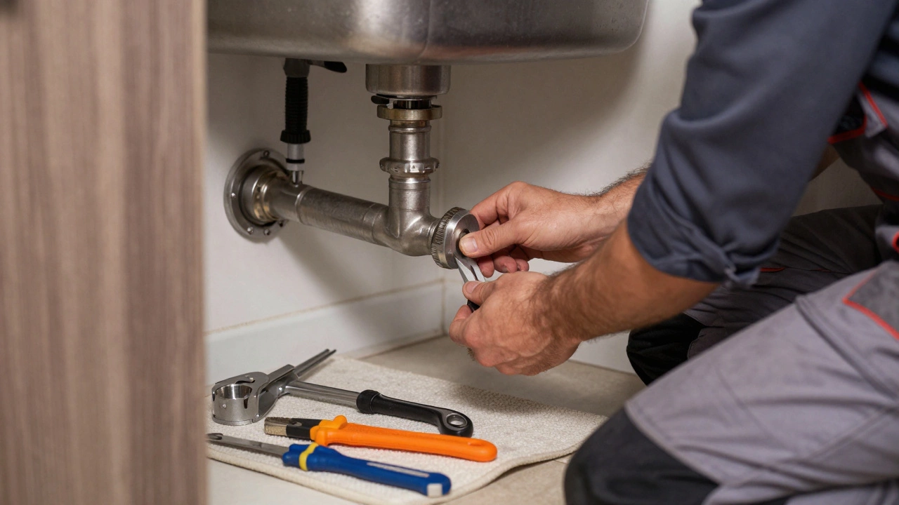 Plumber repairing a pipe under a sink in a kitchen.