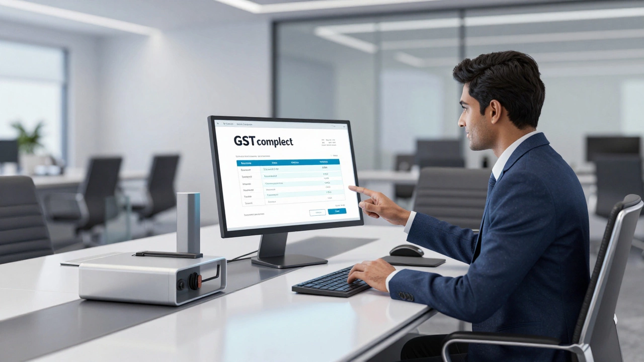A corporate procurement manager reviewing digital tax invoices in a modern office