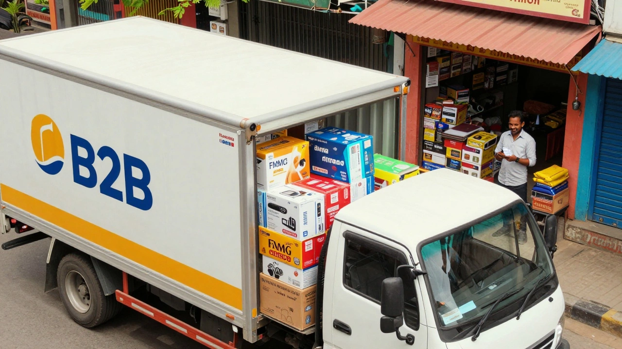 A logistics truck delivering wholesale goods to a small Indian retail store