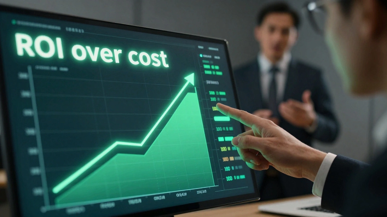 Close-up of a digital marketing growth dashboard showing successful ROI and data trends.
