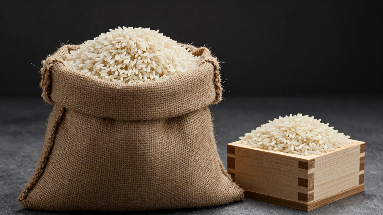 Contrast between a large burlap sack of bulk rice and a small luxury box of organic Basmati rice.